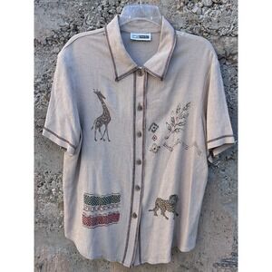 VTG Linen Blend Short Sleeve Button Up Screen Printed Safari Resort Boho Sz L